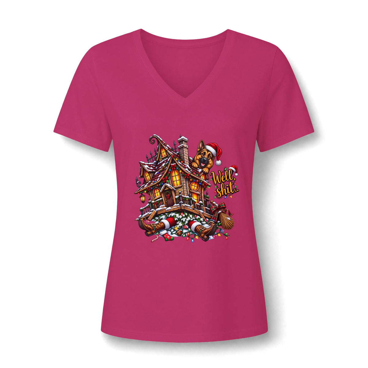 V-Neck Tee - Christmas Gingerbread House Graphic Women's Shirt