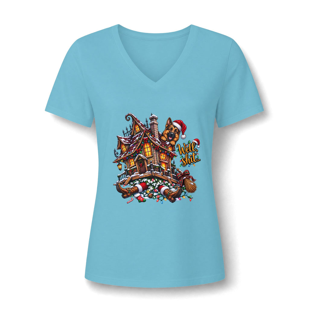 V-Neck Tee - Christmas Gingerbread House Graphic Women's Shirt