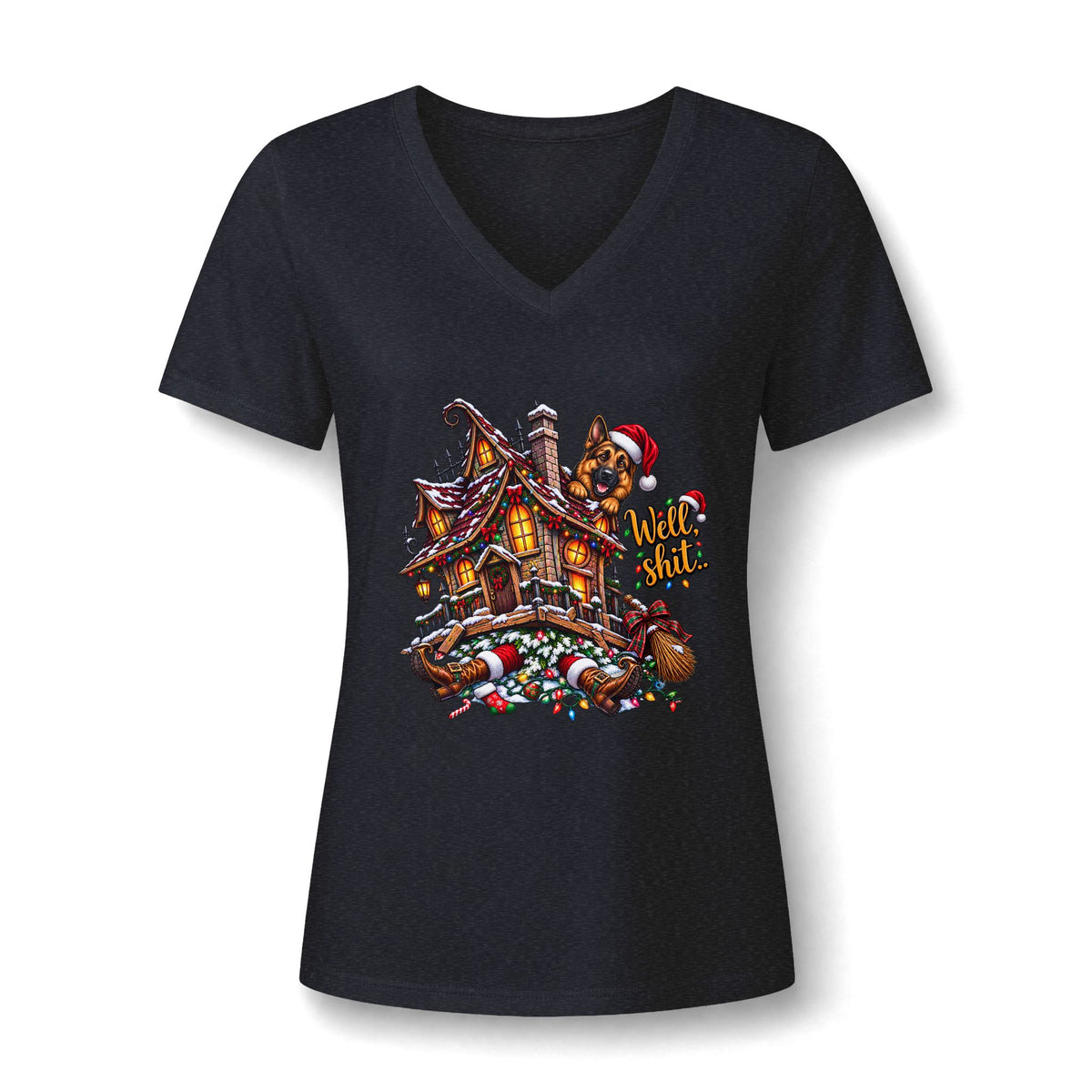 V-Neck Tee - Christmas Gingerbread House Graphic Women's Shirt