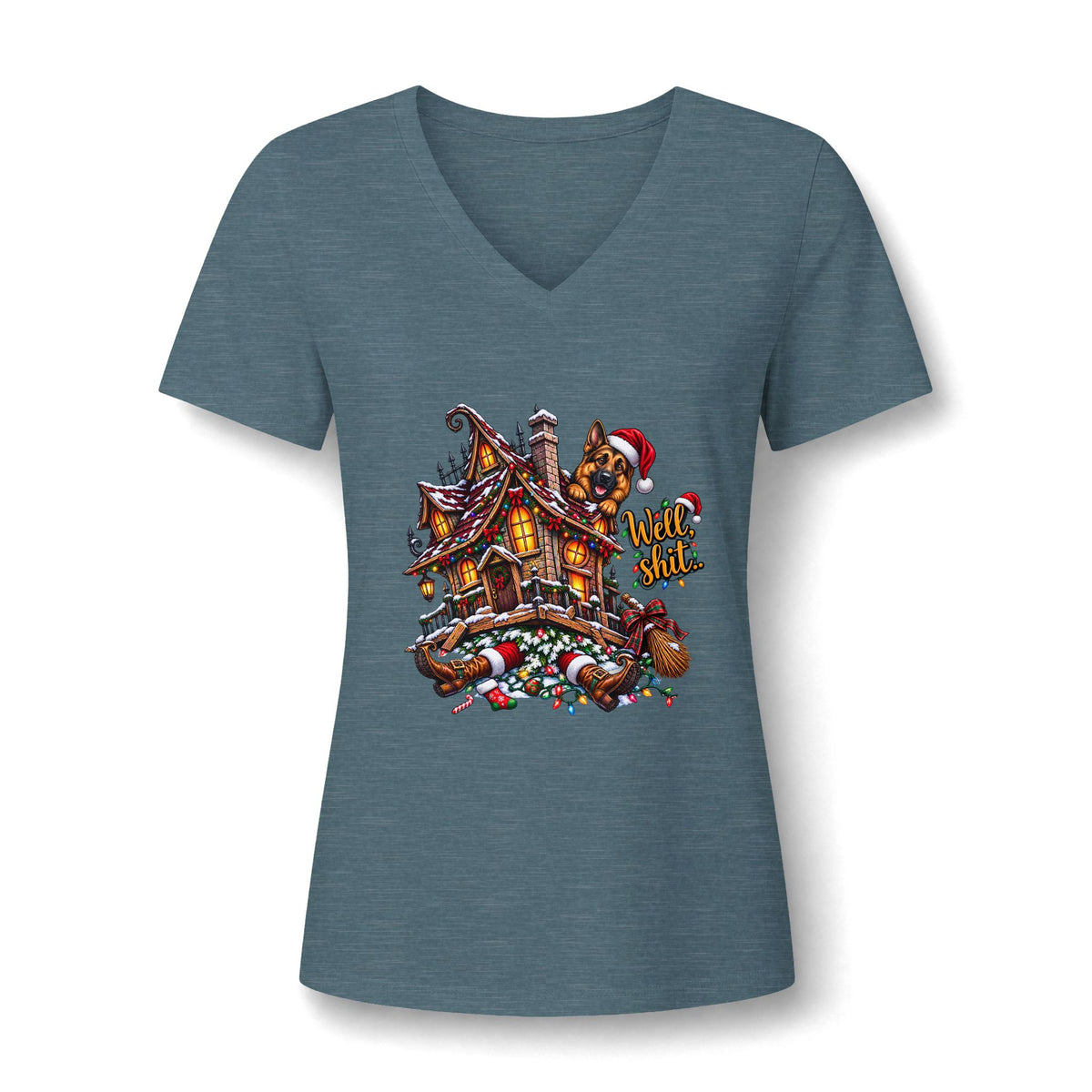 Women's V-Neck T-Shirt -Everything Is Fine Christmas Graphic Print