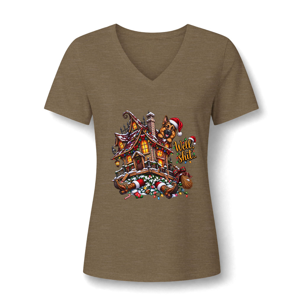 V-Neck Tee - Christmas Gingerbread House Graphic Women's Shirt