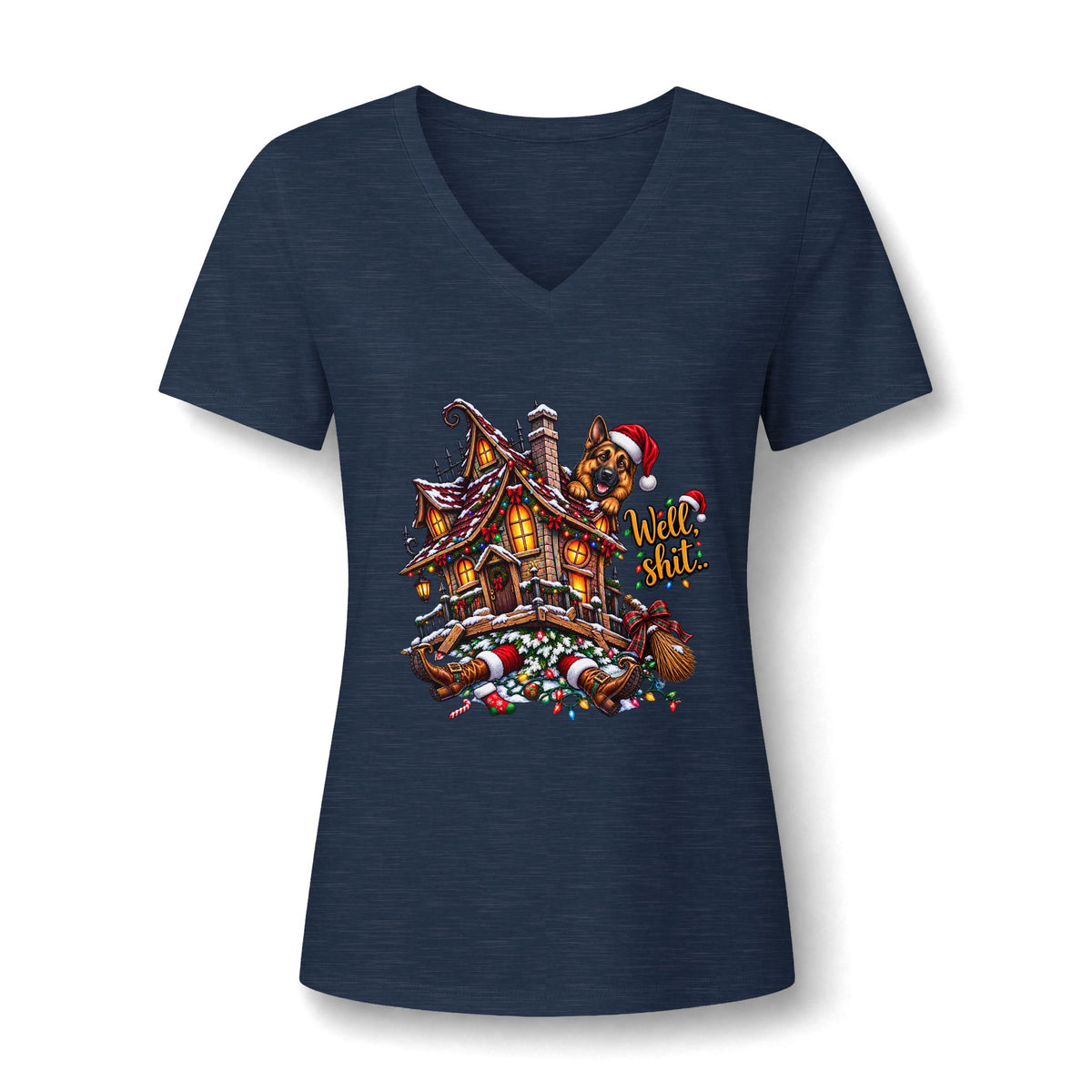V-Neck Tee - Christmas Gingerbread House Graphic Women's Shirt