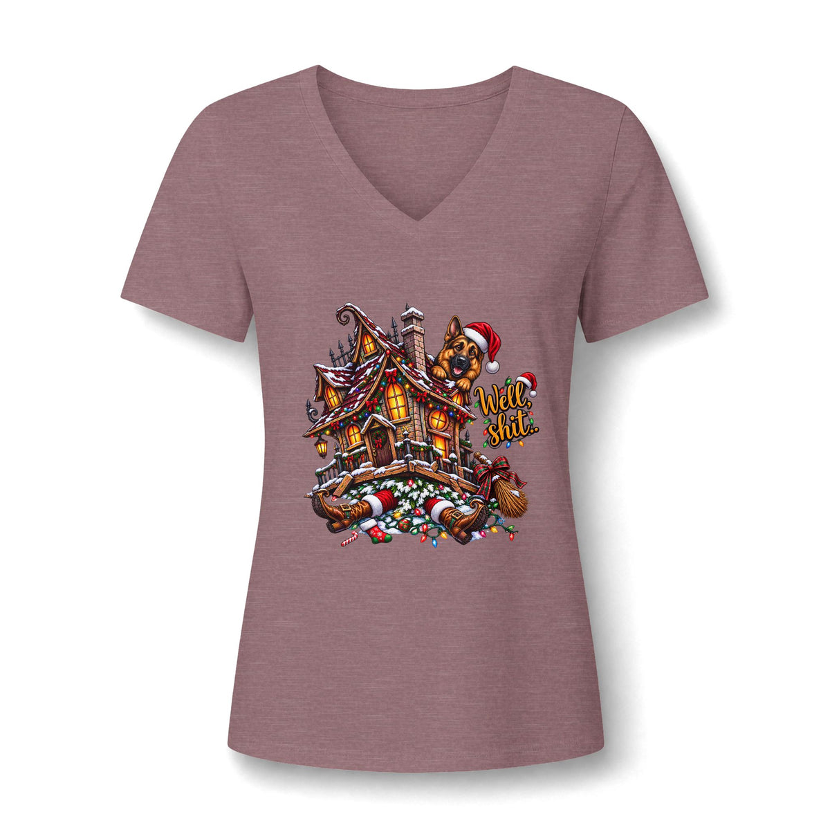 V-Neck Tee - Christmas Gingerbread House Graphic Women's Shirt