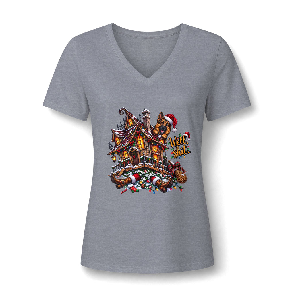 V-Neck Tee - Christmas Gingerbread House Graphic Women's Shirt