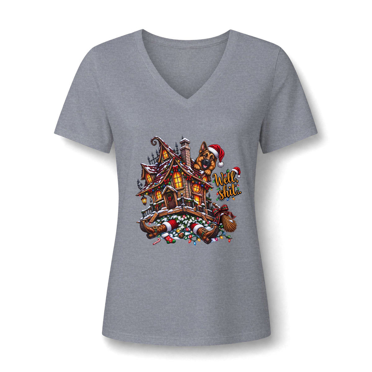 V-Neck Tee - Christmas Gingerbread House Graphic Women's Shirt