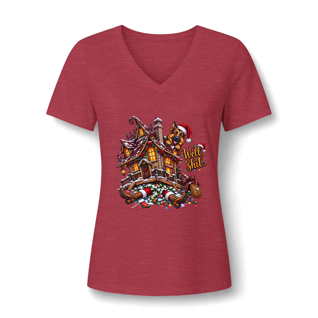 V-Neck Tee - Christmas Gingerbread House Graphic Women's Shirt