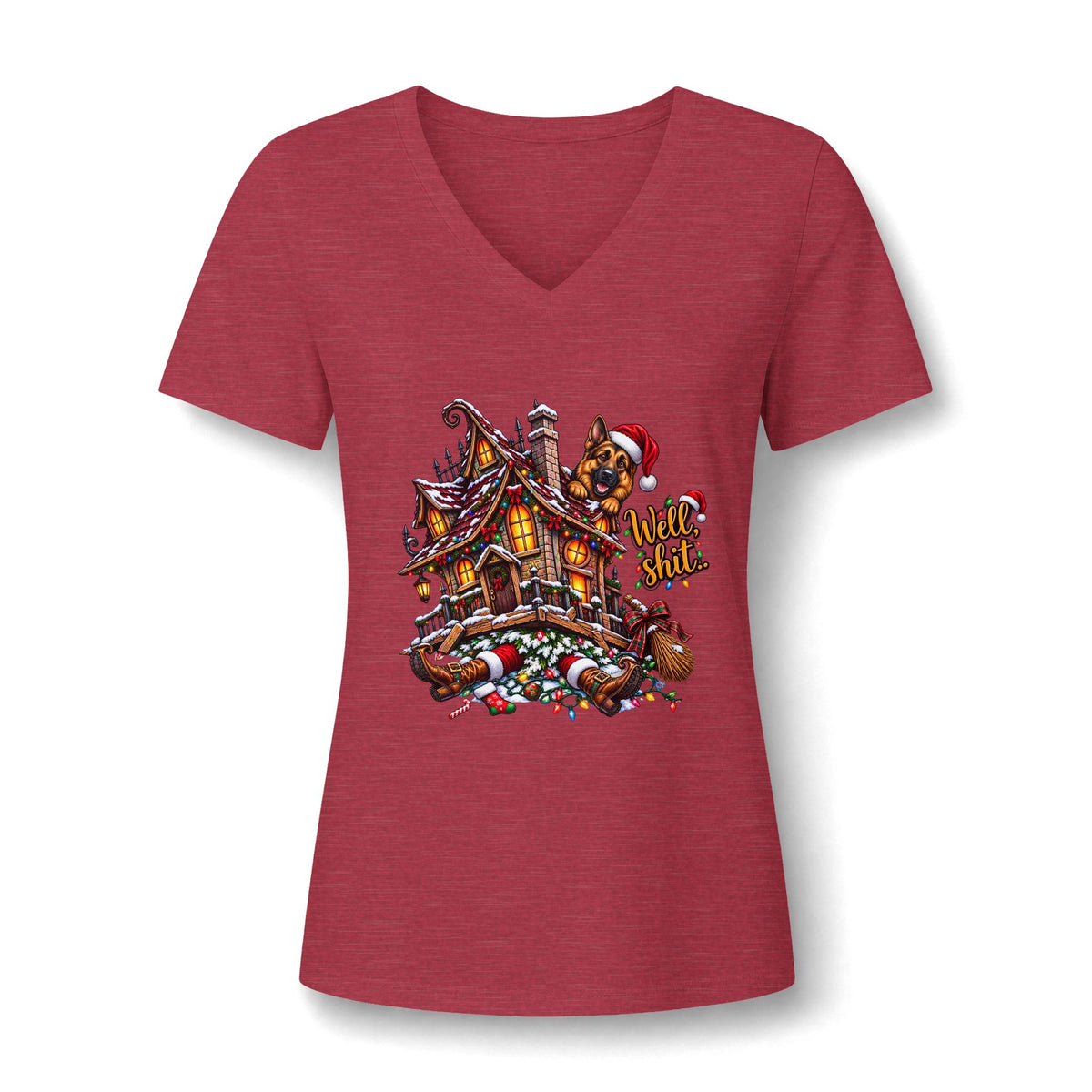 V-Neck Tee - Christmas Gingerbread House Graphic Women's Shirt