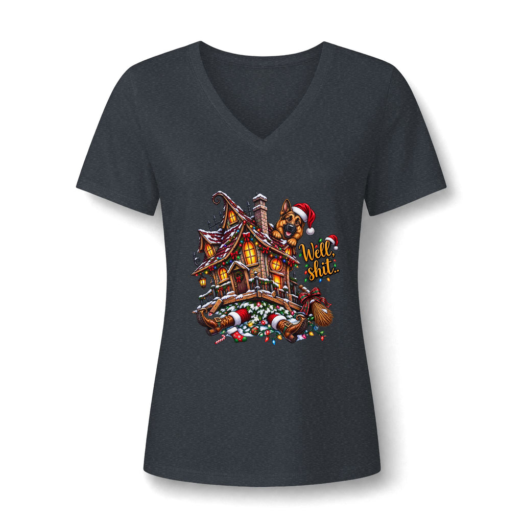 V-Neck Tee - Christmas Gingerbread House Graphic Women's Shirt