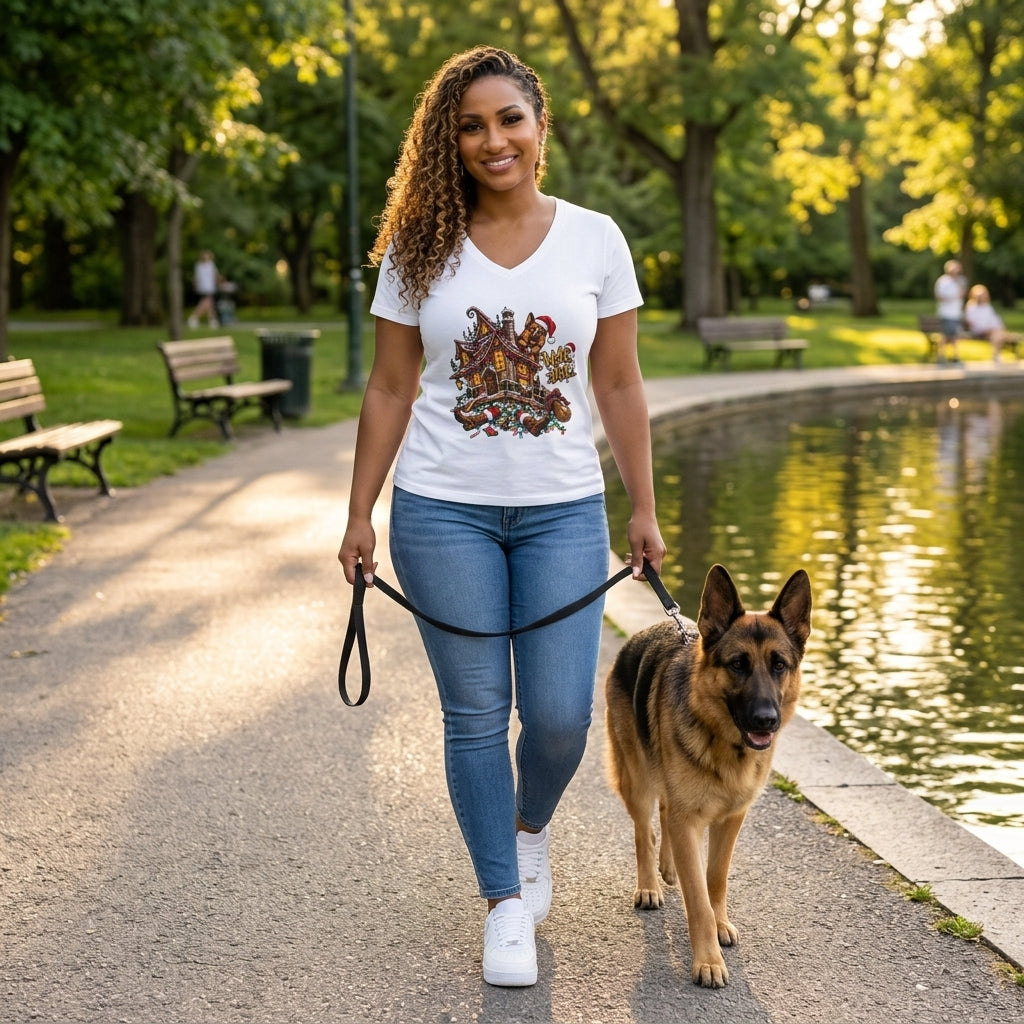 V-Neck Tee - Christmas Gingerbread House Graphic Women's Shirt