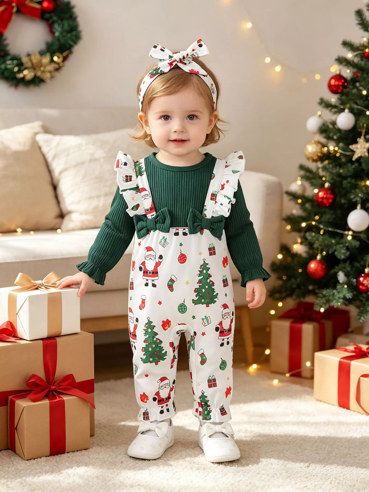 Baby Santa Print Ruffle Jumpsuit & Headband Set, view 2