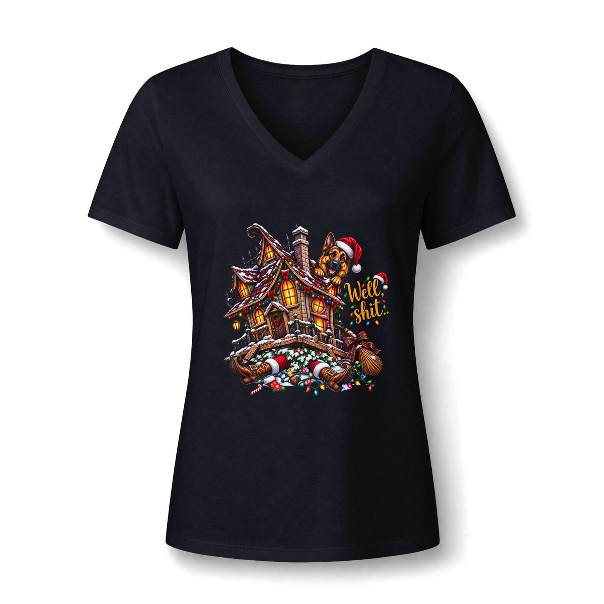 Women's V-Neck T-Shirt -Everything Is Fine Christmas Graphic Print