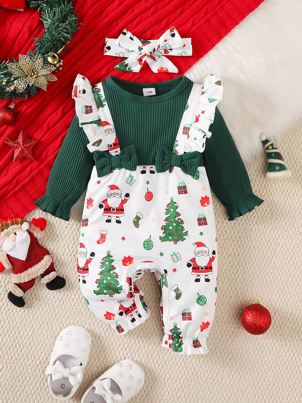 Baby Santa Print Ruffle Jumpsuit & Headband Set, view 6