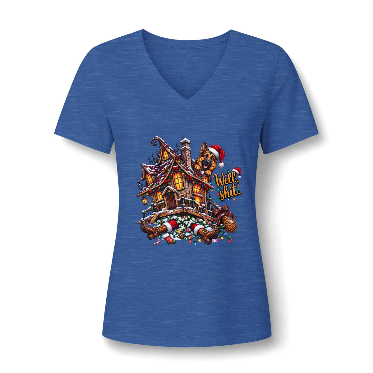 V-Neck Tee - Christmas Gingerbread House Graphic Women's Shirt