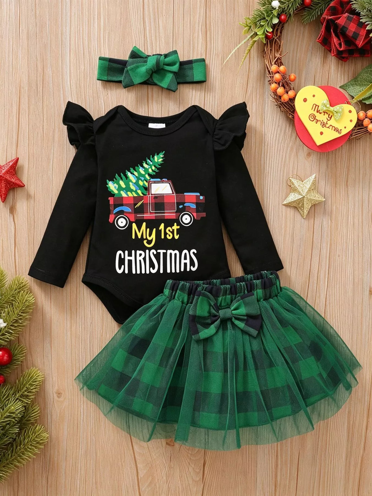 Baby Christmas Top, Plaid Tutu & Headband Set, view 2