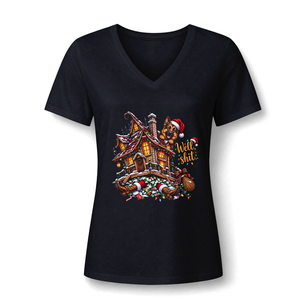 V-Neck Tee - Christmas Gingerbread House Graphic Women's Shirt