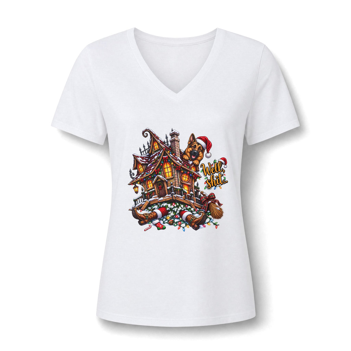 V-Neck Tee - Christmas Gingerbread House Graphic Women's Shirt