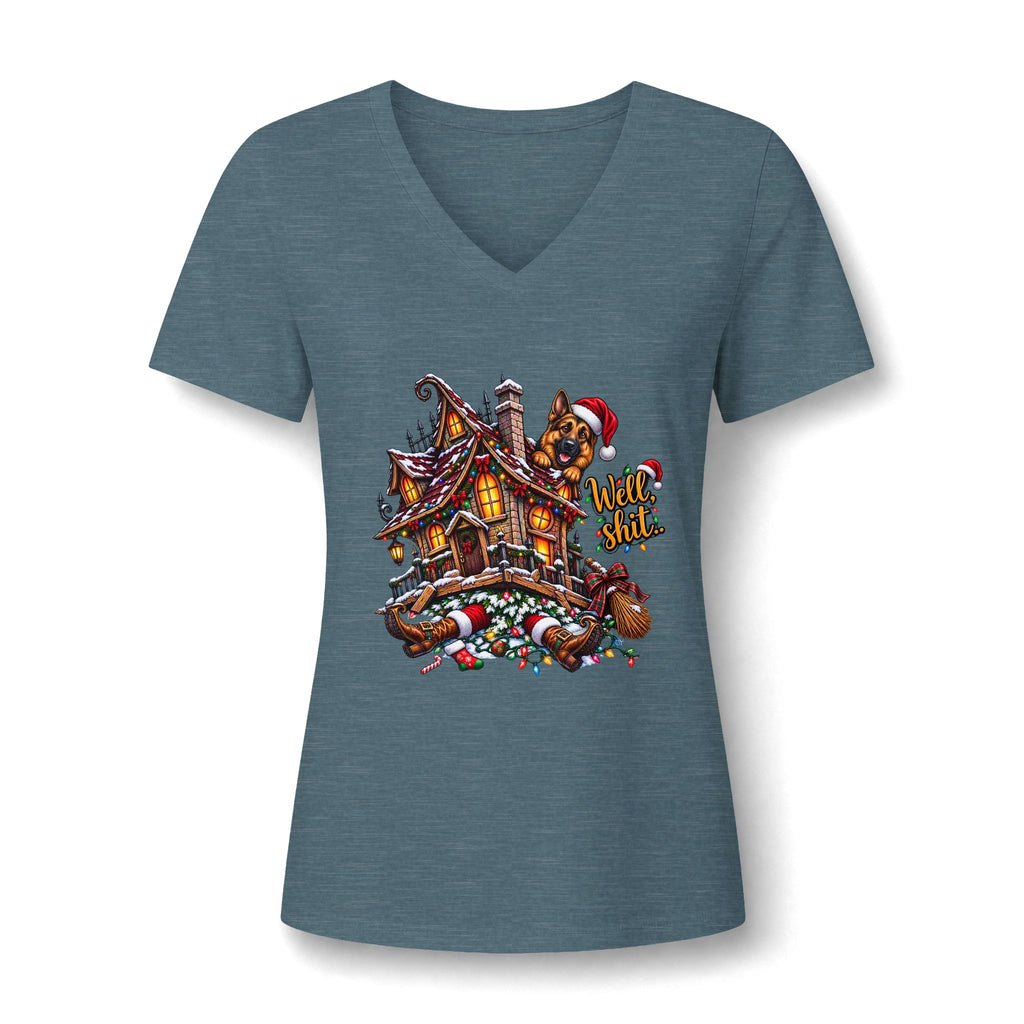 V-Neck Tee - Christmas Gingerbread House Graphic Women's Shirt