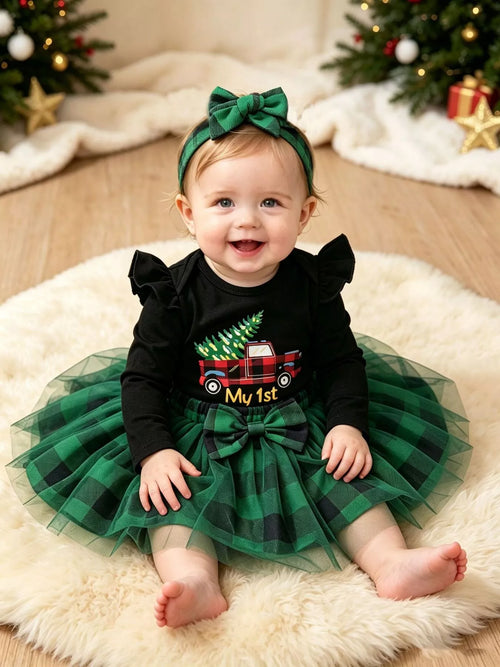 Baby Christmas Top, Plaid Tutu & Headband Set