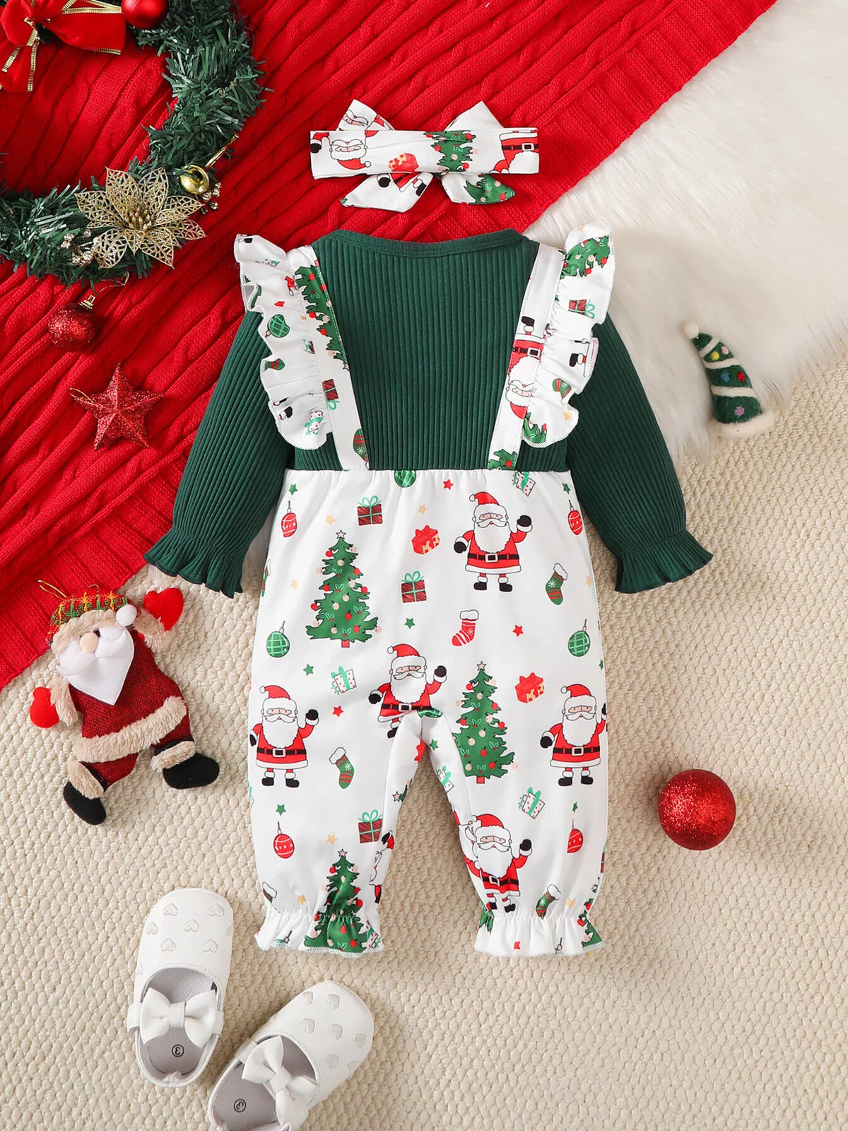 Baby Santa Print Ruffle Jumpsuit & Headband Set, view 7