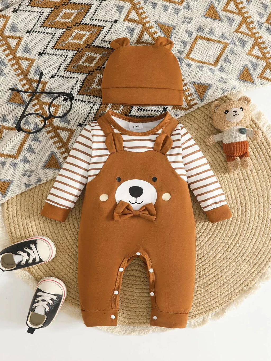 Baby Bear Print Jumpsuit & Hat Set