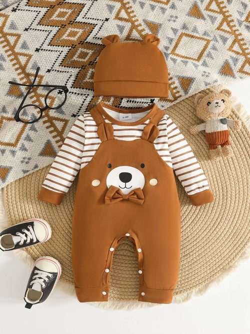 Baby Bear Print Jumpsuit & Hat Set