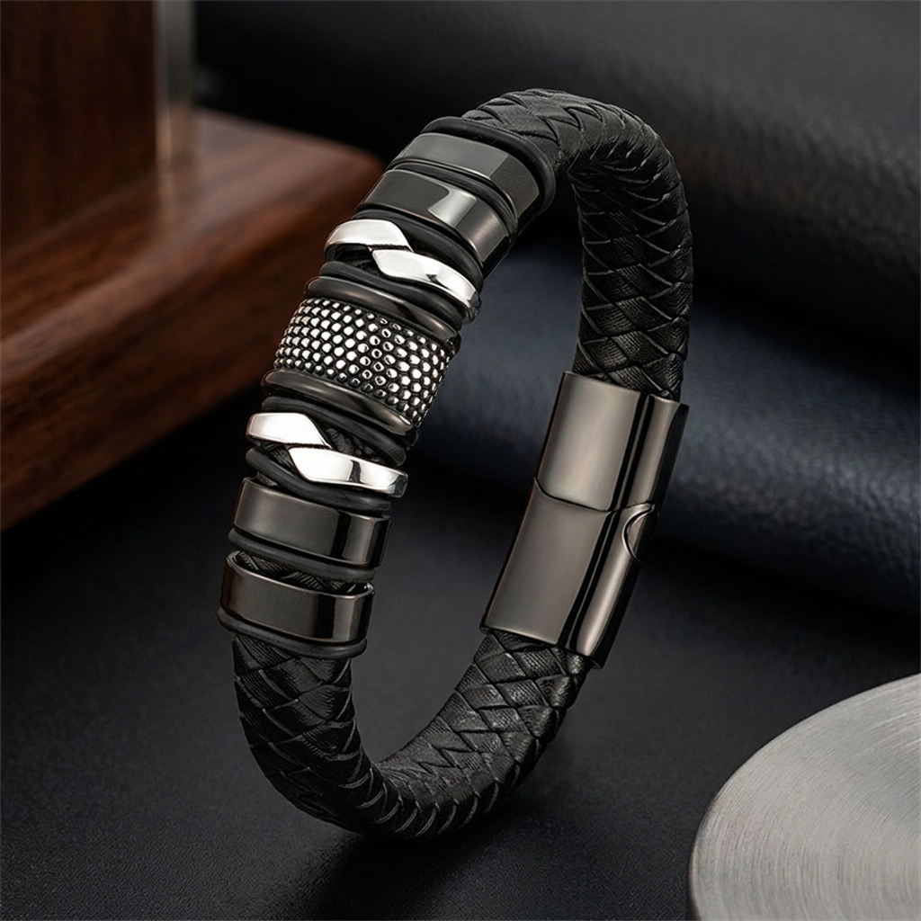 Retro Stainless Steel Leather Bracelet